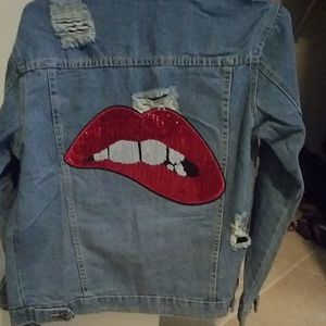 Distressed jean jacket sequin lips